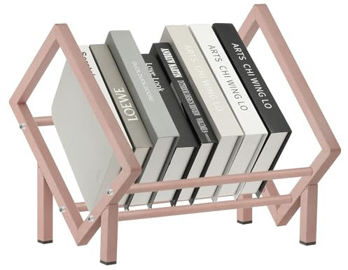PATIKIL 15.7 Tabletop Bookshelf, Desktop Bookshelf Small Table Top Book Shelf Stainless Steel Bookcase Book Storage Organizer Rack for Desk Books Vinyl Record Holder Magazine, Rose Gold