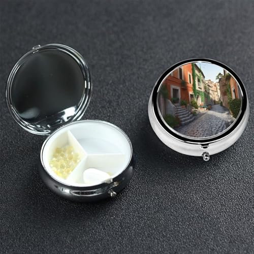 Kleine Pillendose mit 3 Fächern, Street of Italy Pillendose aus Metall, tragbar, für Tasche, Geldbörse, Reisen, Pillendose mit Spiegel, rund, Medizin, Vitaminhalter, einzigartiges Geschenk