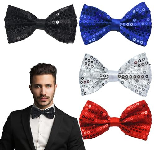 SHENSAIGO 4 Stück Fliege mit Pailletten, Glitzer Fliege Herren, Vorgebunden Fliegen für Männer, Verstellbare Länge Fliege Kostümzubehör für Karneval Hochzeit Fasching Party(SilberSchwarzRotBlau)