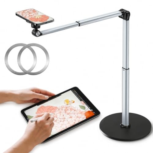 Mistriddle Heavy Duty Aluminum Overhead Phone Stand for Recording, Adjustable iPhone Tripod for Overhead Shots, Sturdy Stand for Cooking, Crafting, Filming, Painting – Perfect for Creators (Magnetic) | For Cooking, Crafting, Filming & Painting, 360° Adjustable Arm, Overhead Phone Holder for Recording, Perfect for Creators