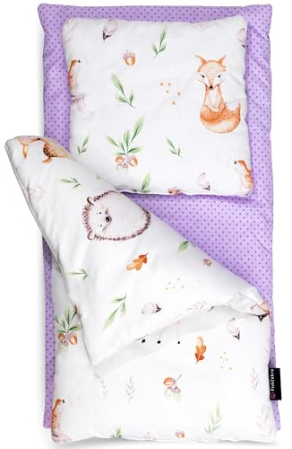 PinkZebra 3er Set Puppenbettwäsche für Puppenbett, Puppenbettzeug 3-teilig, Decke + Kissen + Matratze, aus Baumwolle für Puppen bis 43 cm, ÖKO-TEX, Waldtiere Igel