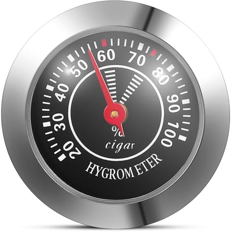 Rundes Analoges Hygrometer für Humidore, 3,8x3,8x1cm | 1 Stück Hygrometer, Schwarz mit Zufallslogo, Edelstahl und Legierung, für Schrankdeckel