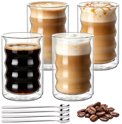 4 Pezzi 350Ml Tazza Caffè Doppio Vetro Borosilicato,Tazze Cappuccino | con 4 Cucchiaini, Tazze Colazione, Tazzine Caffe Vetro, Tazza Cappuccino, Bicchiere Caffè Vetro Per Tè, Latte, Espresso,Succo