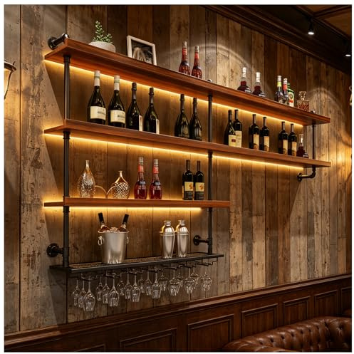 TAUODUYY Wandmontiertes Weinregal mit LED-Licht, Massivholz Modernes wandmontiertes Weinregal, Schwebende Barregale mit Glashalter, für die Hausbar, Küche Esszimmer (100cm)
