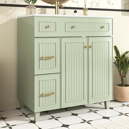 Ligterra Armario para debajo del lavabo, armario de baño con lavabo de cerámica, lavabo con armario bajo, superficie lacada, espacio de almacenamiento multifuncional y patas de madera maciza (verde)