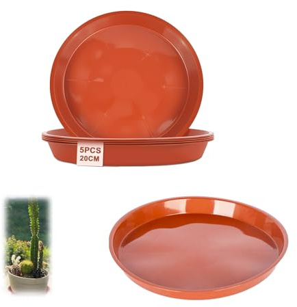 5 Pack 20cm Round Heavy Duty Plastic Plant Saucers - Brick Red Flower Pot Drip Trays for Indoor Outdoor Garden Plants