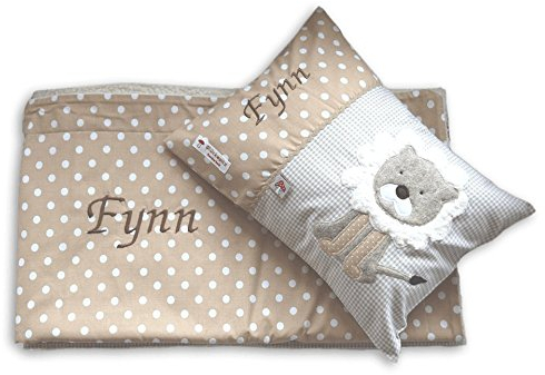 Glückspilz Set Babykissen und Decke mit Namen I Löwe I Beige