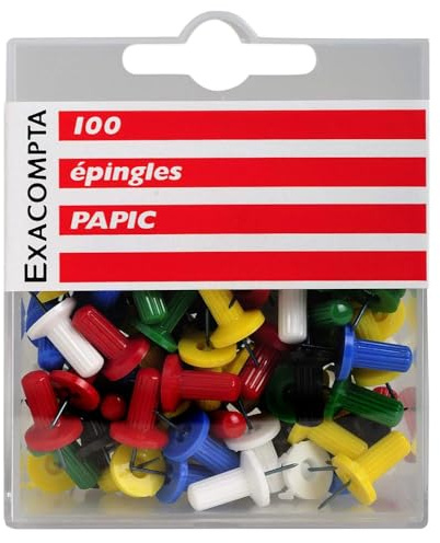 Exacompta 14996E 100er Pack Papic Nadel mit rundem geripptem Kopf Stoßnadeln in Kunststoffbox für Pinnwände Fotowände Korktafeln farbig sortiert