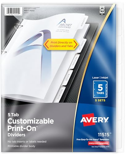 Avery Print-On Dividers, 5-Tab, White, 5 Sets