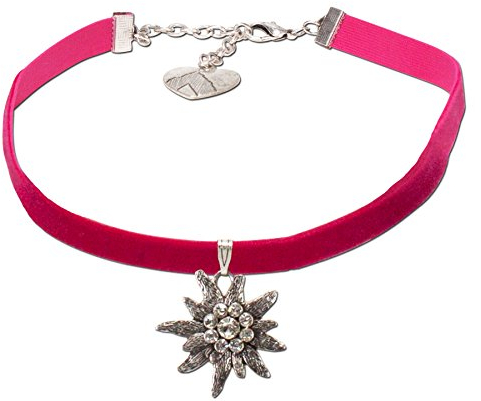 Alpenflüstern Trachten-Samt-Kropfband Strass-Edelweiß groß - Trachtenkette enganliegend, Kropfkette elastisch, Damen-Trachtenschmuck, Samtkropfband schmal pink-Fuchsia DHK069