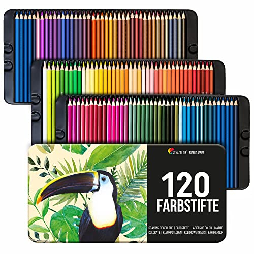Zenacolor 120 Lápices de Colores (Numerados) con Caja de Metal - Estuche de Lapices de Dibujo Profesional para Mandalas y Libros de colorear para Adultos