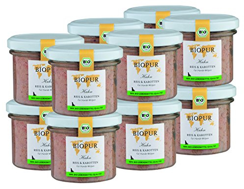 BIOPUR Tiernahrung Bio Hundefutter Huhn, Reis & Karotten für Hunde-Welpen 12x100g