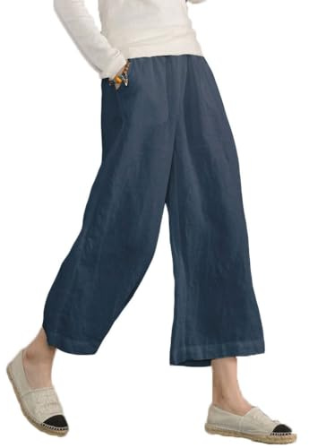 ECUPPER Womens Plus Size Capri Trousers Cotton Loose Casual Cropped Pants | Cropped 3/4 Length; Loose Fit; Side Pockets; Pull-On Waist; Linen-Look Culotte; Summer Holiday Beach Travel