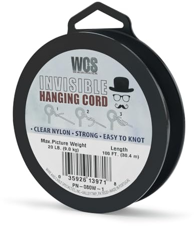 Invisible Hanging Cord Clear Nylon String for Decorations, Heavy Duty Transparent Hanging Wire Supports Up to 20 lb Picture Weight, 80 lb Break Strength, 100 ft Clear Cord for Frames, Displays & Décor