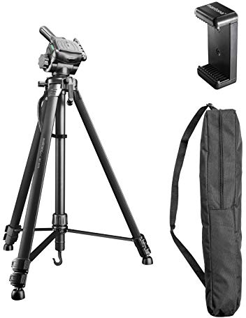 Walimex pro WT-3570 Basic Stativ 168cm schwarz – 4kg Traglast, großes und stabiles Foto Video Stativ mit 3-Wege Panorama Kopf, ideal für Kamera und Handy Aufnahmen, inkl. Tasche und Smartphone Halter