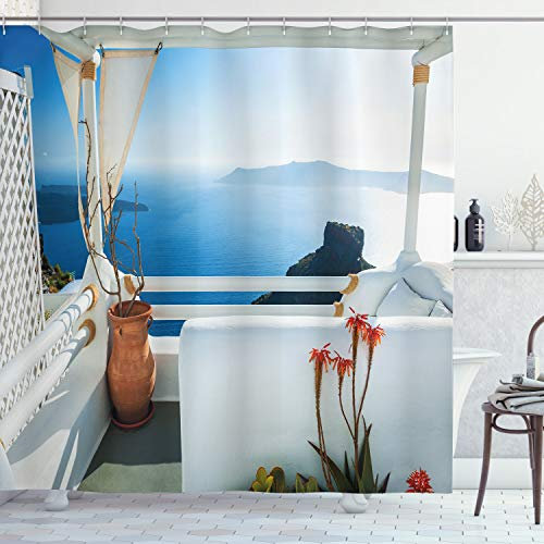 ABAKUHAUS griechisch Duschvorhang, Sunset Santorini, Stoffliches Gewebe Badezimmerdekorationsset mit Haken, 175 x 240 cm, Türkis und Blau