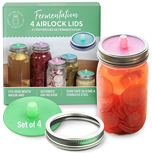 Fermentation Airlock Silicone Lids including Stainless Steel Bands for Fermenting - Set of 4