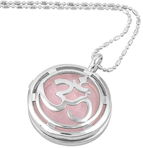 mookaitedecor Yoga Reiki Arbre de Vie Collier Quartz Rose Pendentif Médaillon Ronde Pierre Lithothérapie Naturelle Bijoux avec Chaîne Argenté