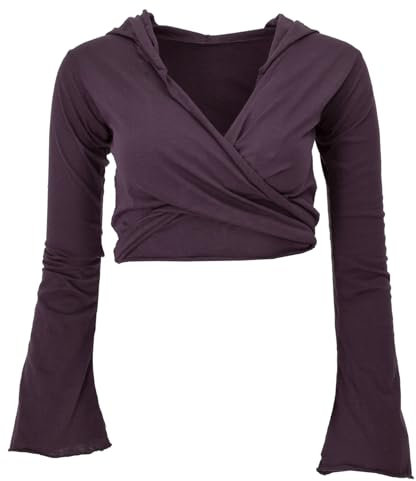 GURU SHOP Wickeltop, Yogatop, Langarmshirt mit Trompetenärmeln - Aubergine, Damen, Baumwolle, Size:S