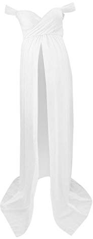 Vestido para maternidad para fotografía, vestido largo para gasa transparente con hombros parascubiertos, abertura frontal, diseño vaporoso para embarazo, color marfil, largo hasta la sulao, talla M.