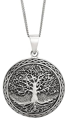 81stgeneration Große Medaillon-Halskette aus Sterlingsilber mit Keltischem Lebensbaum Unisex | Yggdrasil-Scheibenanhänger aus 925er Silber an 45,7cm Langer Panzerkette | Keltischer Knotenschmuck