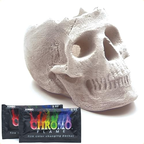 OSKER Feuerstelle, Totenkopf mit Farbwechsel-Paketen, Keramik, feuerfest, für Lagerfeuer, Kamin, Feuerstelle, Halloween-Dekoration, Gas-, Propan- oder Holzfeuer, 22,9 cm, Hellbeige