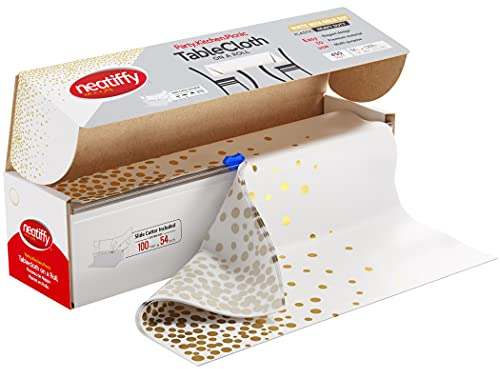 Neatiffy 137 cm x 30 m Einweg-Tischdecke aus Kunststoff, Party-/Bankett-Tischdecke, Tischdecken für rechteckige/runde/quadratische Tische, entspricht 12 Picknick-Packungen (weißer, Goldener Punkt)