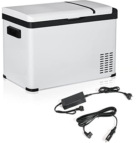 Outsunny Nevera Portátil Eléctrica 30L 12/24V hasta -22℃ Nevera y Congelador de Compresor para Coche con Luz LED y Asas Plegables Bajo Consumo Energético para Hogar Camping Viajes 61x32x40 cm Blanco