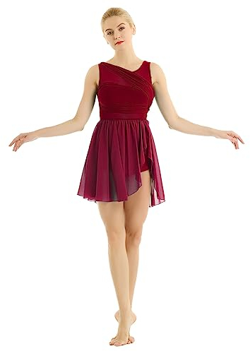 Freebily Damen Chiffon Kleid Ärmellos Tanzkleid Asymmetrisch Ballettkleid Ballett Trikot Jumpsuit Overalls Tanz-Body Gymnastikanzug Kostüm Weinrot 3XL