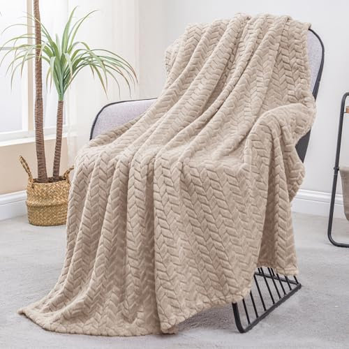 Exclusivo Mezcla Kuscheldecke Flanell-Fleecedecke mit Blättermuster,130 x 170 cm Sofadecke für Ganzjahreszeit, Flauschig und Warm, Beige