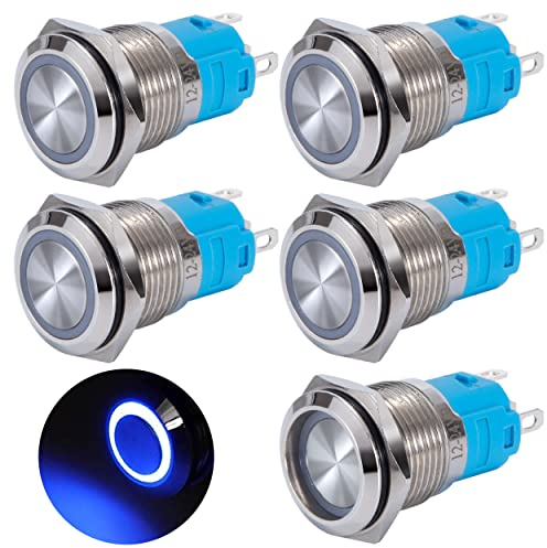 QIMEI-SHOP Druckschalter Wasserdicht 16mm Taster LED Schalter 12-24 V 3A Verriegelung Druckknopfschalter Messing 5 Pin mit Blau Ring LED-Licht für Auto KFZ Boot Motorrad 5 Stück