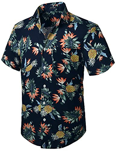 HISDERN Men Funky Hawaiian Shirt Short-Sleeve Flowers Bird Casual Summer Aloha Printed Beach Shirt Navy Blue