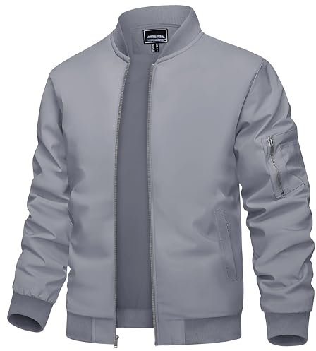 TACVASEN Bomberjacke Herren College Jacke Übergangsjacke mit Reißverschluss Taschen für Frühjahr Sommer Komfort und Vielseitigkeit Hellgrau L