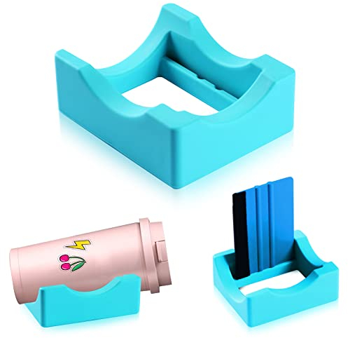 Silicone Cup Cradle with Built-in Slot for Crafts Use to Apply Vinyl Decals for Tumblers, Small Stand Cup Holder with Felt Edge Squeegee for Bottles(Cyan)