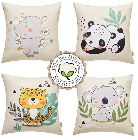 LaVanta-HoMe 100% Hochwertige Baumwolle: Kinder Kissenbezüge 40x40 (4er Set) | Bezaubernde Tiermotive: Nashorn Leopard Panda Koala | Deutsche Qualität | Stilvolle Kinderzimmer Dekoration