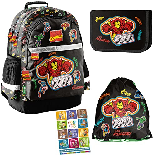Schulranzen 4e Set Avengers Marvel ergonomischer Ranzen Federmappe Turnbeutel Aufgabenheft für die Grundschule. Geeignet ab der ersten Klasse der Grundschule.