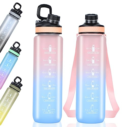 SUPPRUI 1L Water Bottle,Motivational Water Bottle with Time Marker,Leak-proof Drink Bottle BPA Free Non-Toxic for Running,Cycling & Gym (Pink)