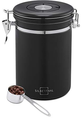 SILBERTHAL Kaffeedose luftdicht 2x500g - Aromadichte Aufbewahrungsdose für Bohnen & Pulver - Inkl. CO2-Ventil & Dosierlöffel - Schwarz - Doppelpack