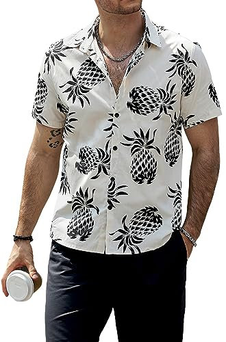 VATPAVE Herren Baumwolle Hawaii Hemd männer Blumen Freizeit Kurzarmhemd Sommerhemd Floral Mittel Hellbraun Ananas