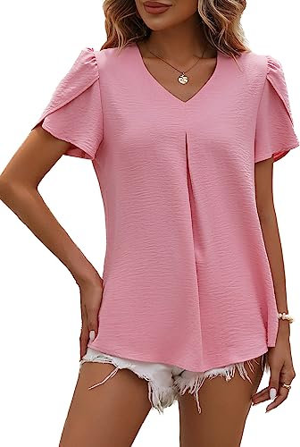 LEKOPUR Chemisier d'été à manches courtes pour femme - Col en V - Couleur unie - En mousseline de soie - Printemps élégant - Chemisier d'été décontracté, vieux rose, S