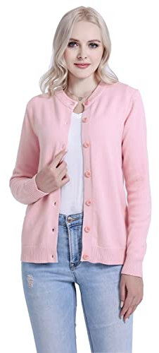 SMILING PINKER Cardigan da donna, tinta unita, girocollo, con bottoni, peso medio, lavorato a maglia, Rosa cipria, L
