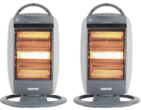 Geepas 1200W Halogen Heater | Instant Heating Portable Heater with 3 Heat Settings 400/800/1200W| Oscillation Function, Carry Handle & Safety Tip Over Switch | 3 Bar Compact Radiator (Pack of 2)
