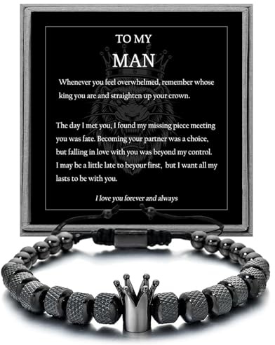 Qyalie Adjustable 𝗚𝗶𝗳𝘁𝘀 𝗳𝗼𝗿 𝗠𝗲𝗻 To My Man Bracelet- Straighten Your Crown for Boyfriend Husband, Adjustable Bead Men's Stainless Crown Anniversary Christmas Gifts for Men