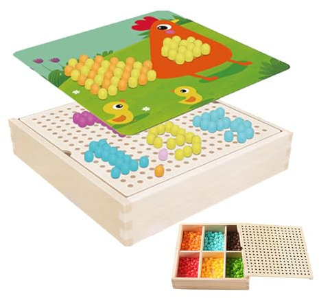 WEITING Tavoletta per Bambini, 240 Pezzi Chiodi Chiodi a Fungo in Legno Pegboard, con Scatola portaoggetti in Legno massello con Chiodi a Fungo in Legno, 3 Anni