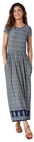 Roman Originals Maxi Dress with Pockets for Women UK Ladies Stretchy Jersey Midi Elasticated Gathered High Waist Skater Swing Fit Flare Office Work Smart Casual Boho - Navy & Grey - Size 10
