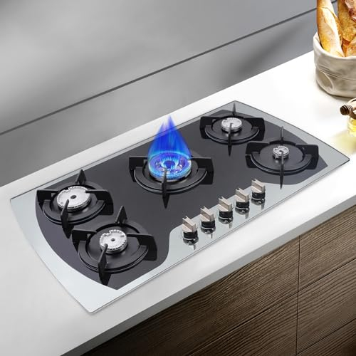 Gaskochfeld 5 Flammig, 90 cm Edelstahl Gasherd mit Batterie-Zündvorrichtung, Einbau Gas Stove LPG/NG Gaskochfeld Eingebauter Herd, 3,0+2,75+1,75+1,75+1,0 KW