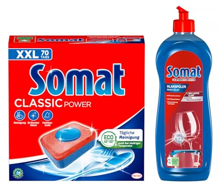 SOMAT Tabs 70 AW Classic Power, Geschirrspül Tabs mit Fettlösekraft für kraftvolle Reinigung, für strahlend sauberes Geschirr + Somat Duo Power Experten Klarspüler 750ml