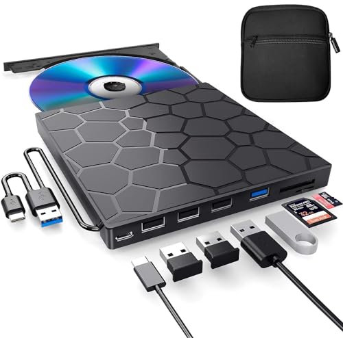 Lecteur CD/DVD externe pour ordinateur portable avec étui de transport, 8 en 1 USB 3.0 ultra fin portable, brûleur de CD externe optique compatible avec ordinateur