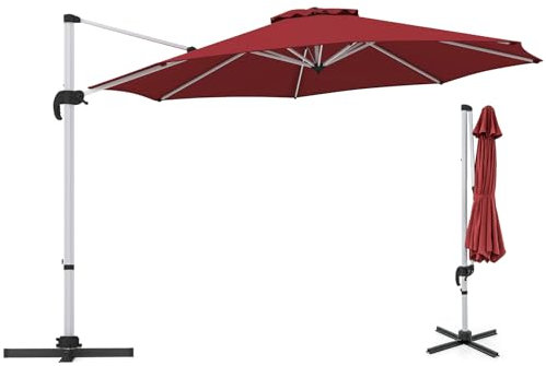 GOPLUS Parasol de Jardin Extérieur 3m, Parasol Déporté Inclinable avec Manivelle, 8 Baleines, Double Auvent, Base Croisée, Parasol Excentré Rotatif à 360° pour Terrasse Plage Marché, H2,6m (Rouge)