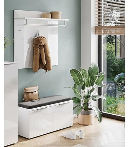 Lomadox Garderoben Set mit Glasfronten Schuhbank inkl. Sitzkissen und Wandgarderobe mit Hutablage weiß